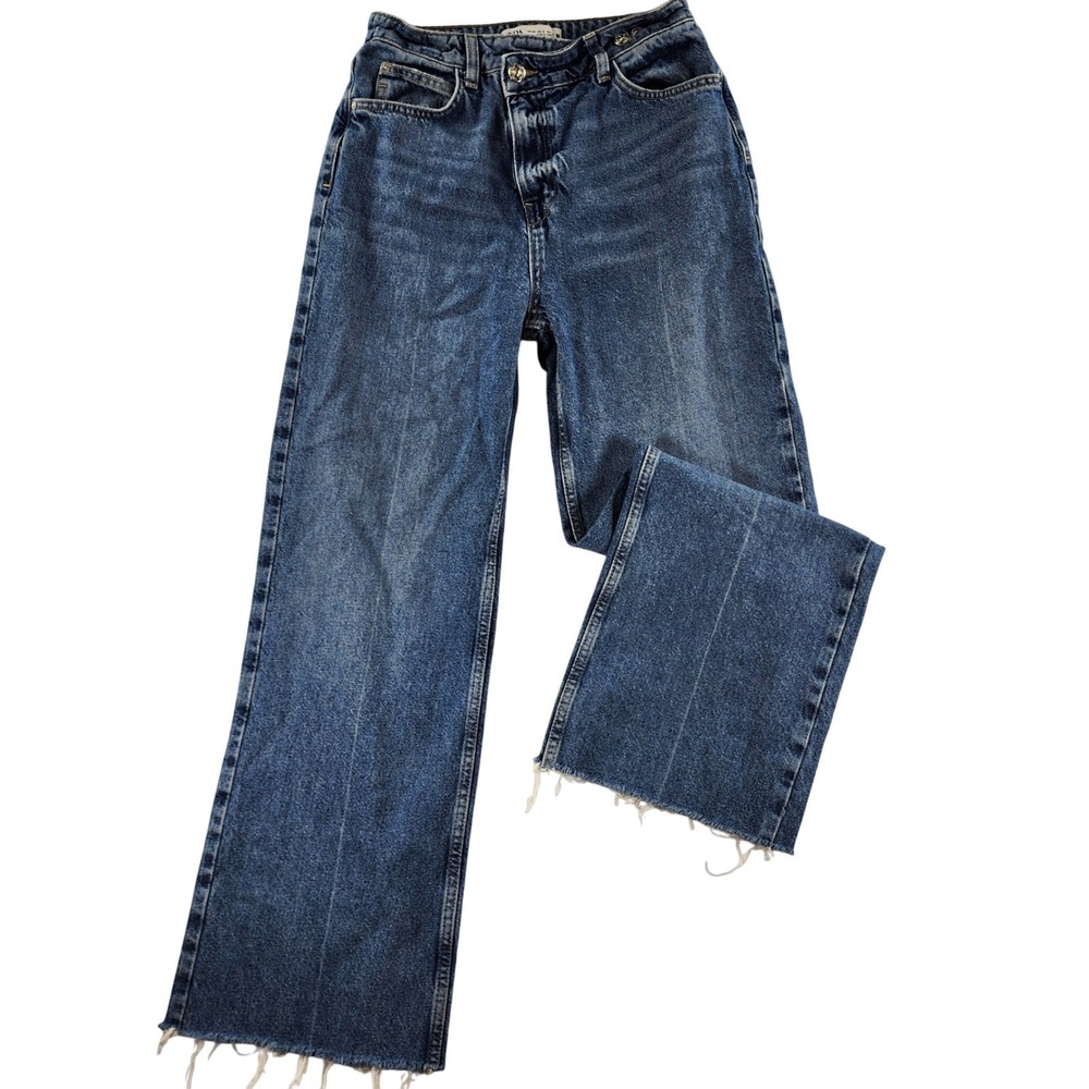 Zara Jeans Womens 6 Blue Wide Leg High Rise 100% Cotton Raw Hem Denim